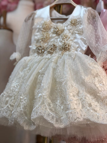 Cream Pearl Lace Dress And Bonnet