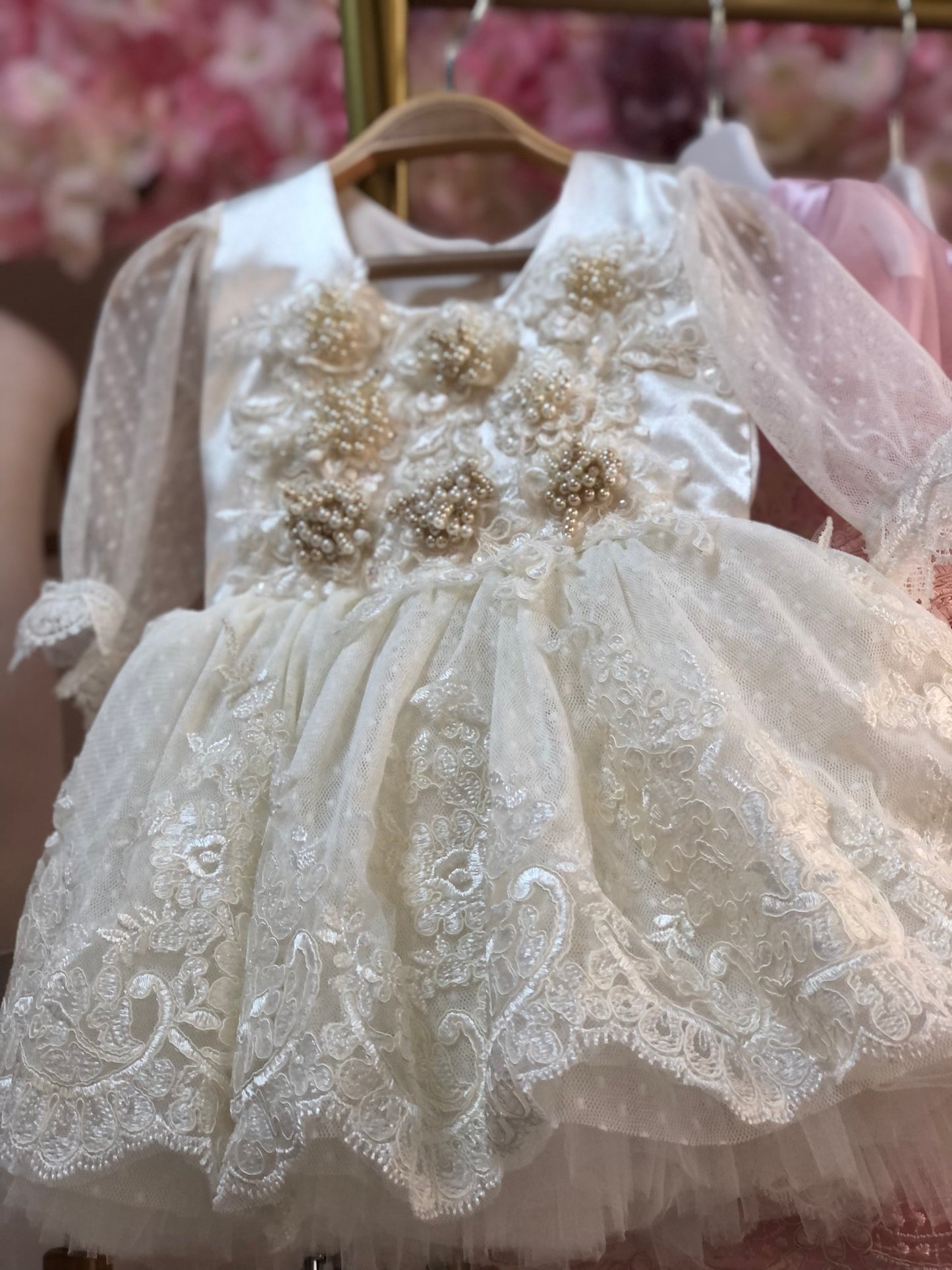 cream satin fabric baby &girl dress and bonnet wholesale 7 pcs