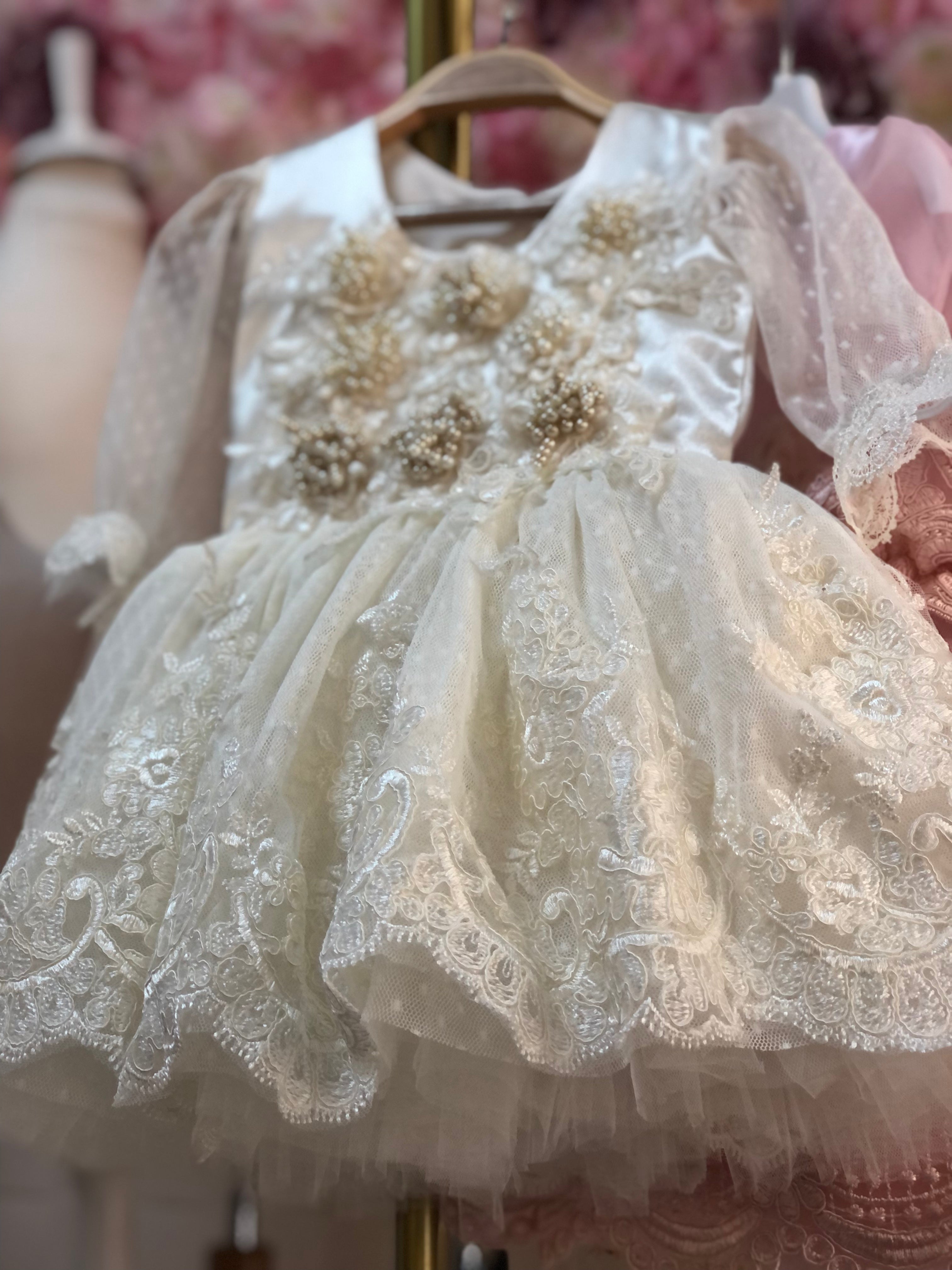 Cream Pearl Lace Dress And Bonnet