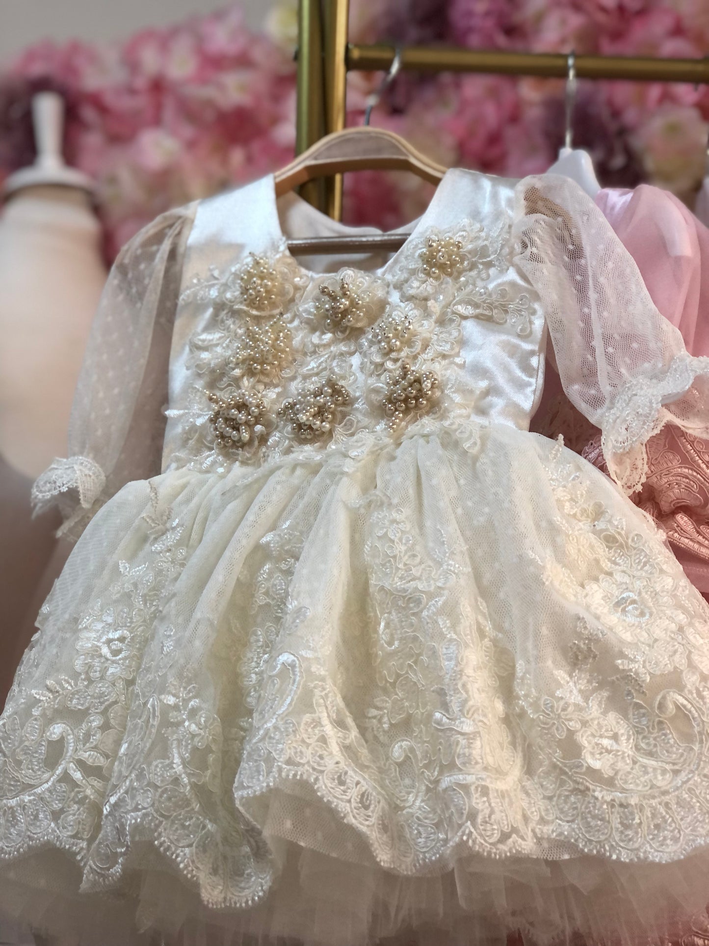 cream satin fabric baby &girl dress and bonnet wholesale 7 pcs
