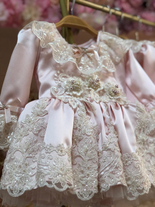light pink satin pearl aplique baby and girl dress and bonnet