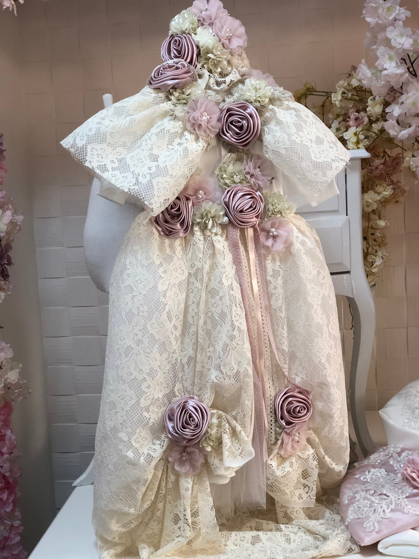lace baby gown and bonnet set wholesale 4 pcs