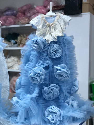 Baby Blue Long Tulle Flowers Gown And Bonnet Newborn