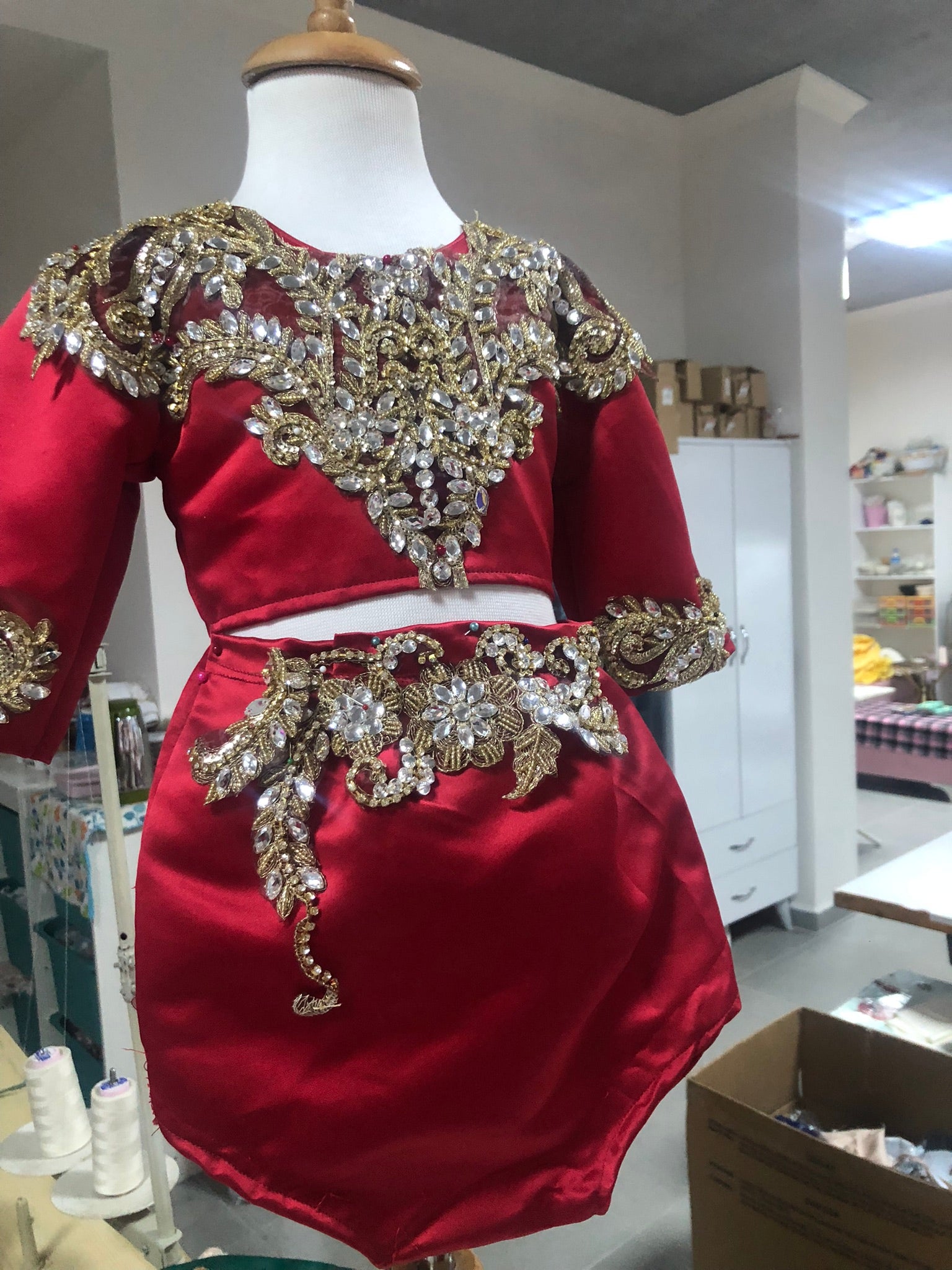 Red Tulle Fkowers Robe And Rhine stone Shorts And Blouse