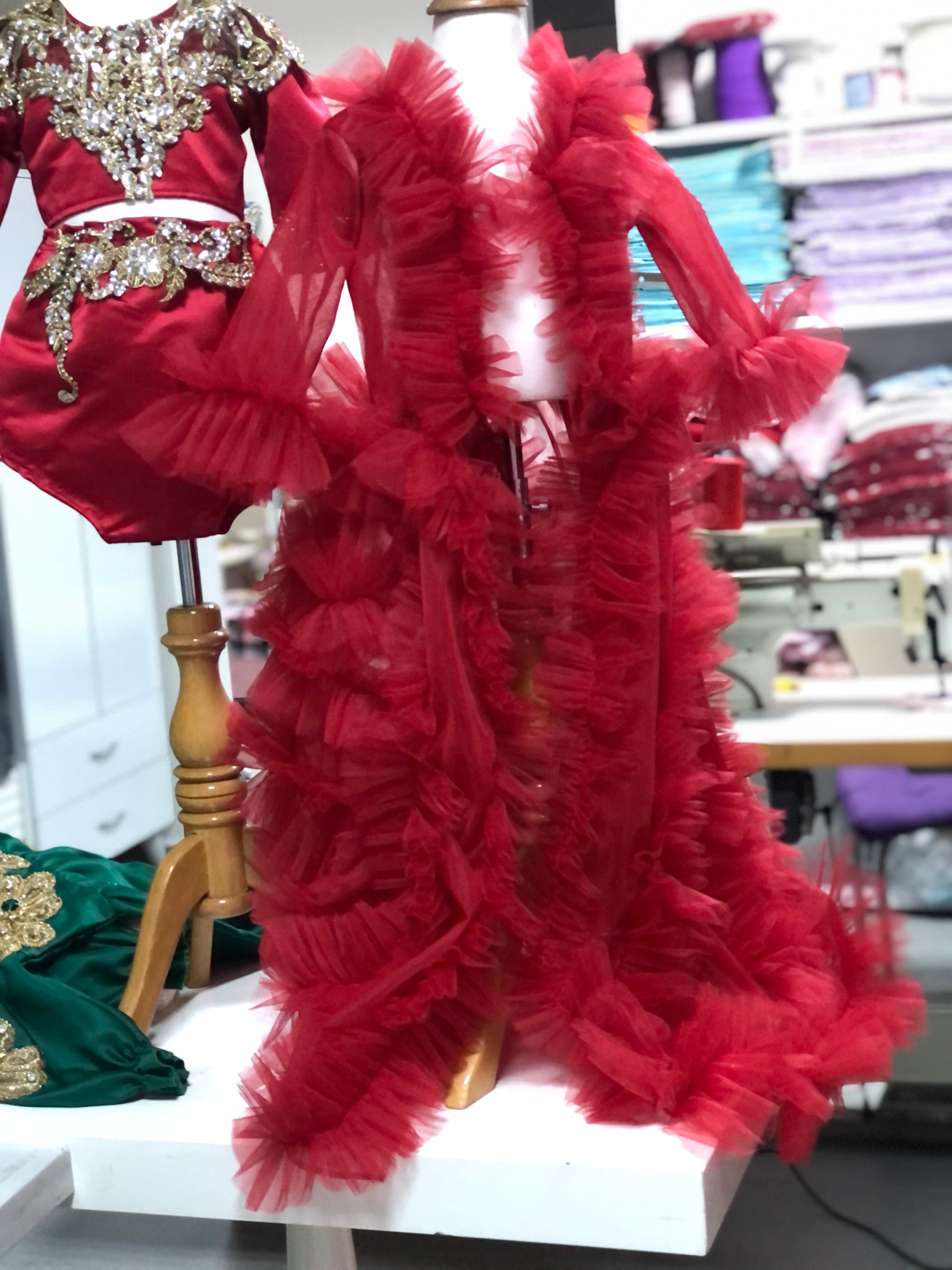 Red Tulle Fkowers Robe And Rhine stone Shorts And Blouse