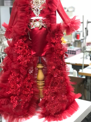 Red Tulle Fkowers Robe And Rhine stone Shorts And Blouse