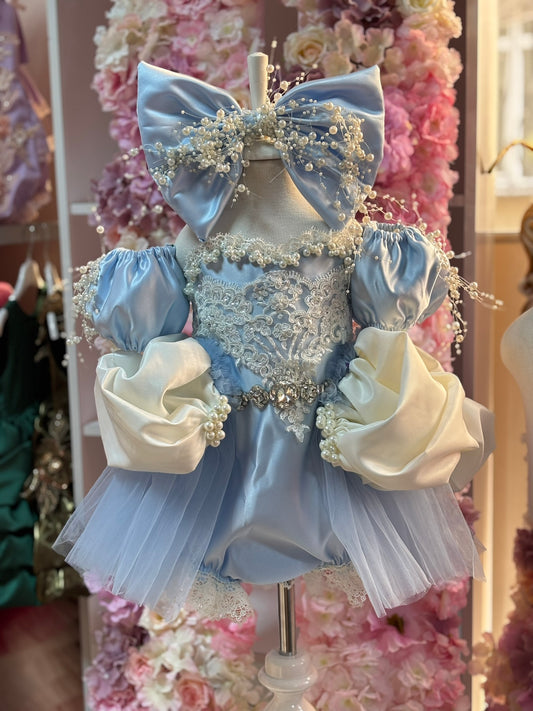 Blue dısney satin fabric two pieces outfıt and hairbow wholesale 5 pcs