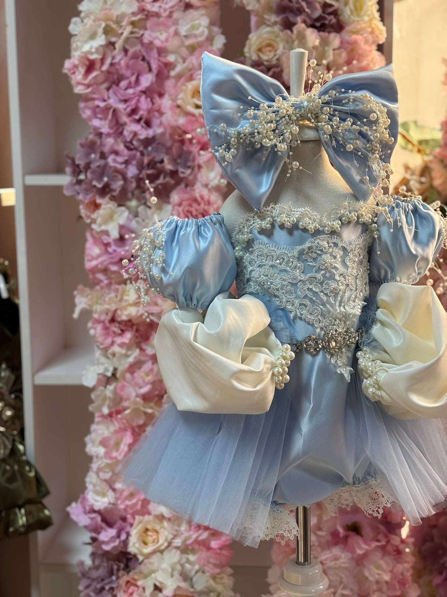 Blue dısney satin fabric two pieces outfıt and hairbow wholesale 5 pcs