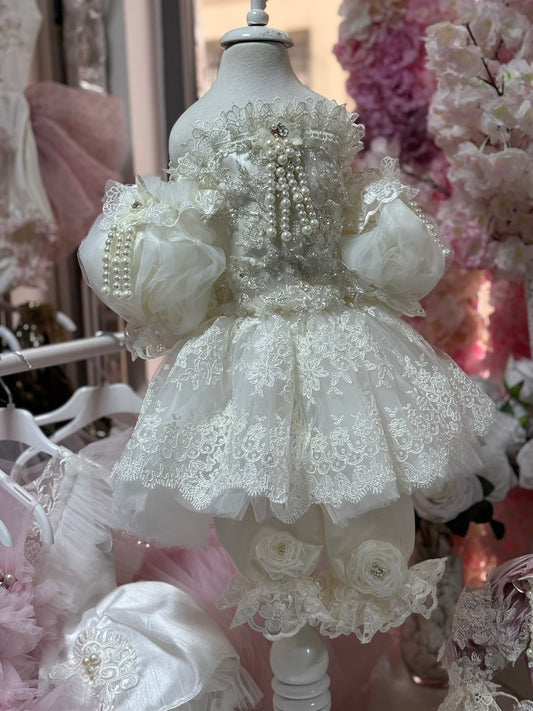 Baby pear jumpsuit and bonnet