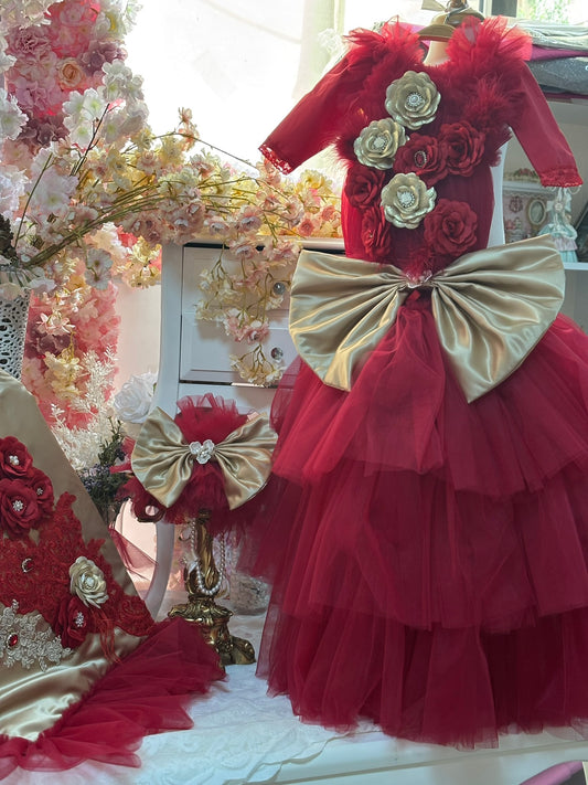 red long gown bonnet and blankent set