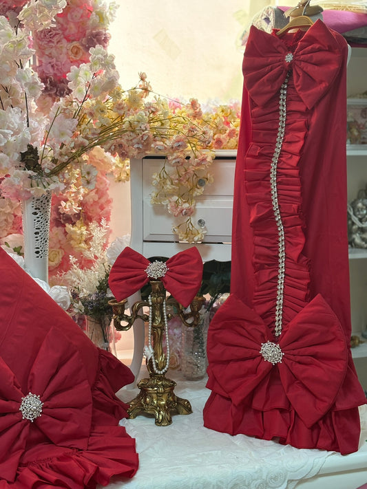 red gown  hair bow and blankent set