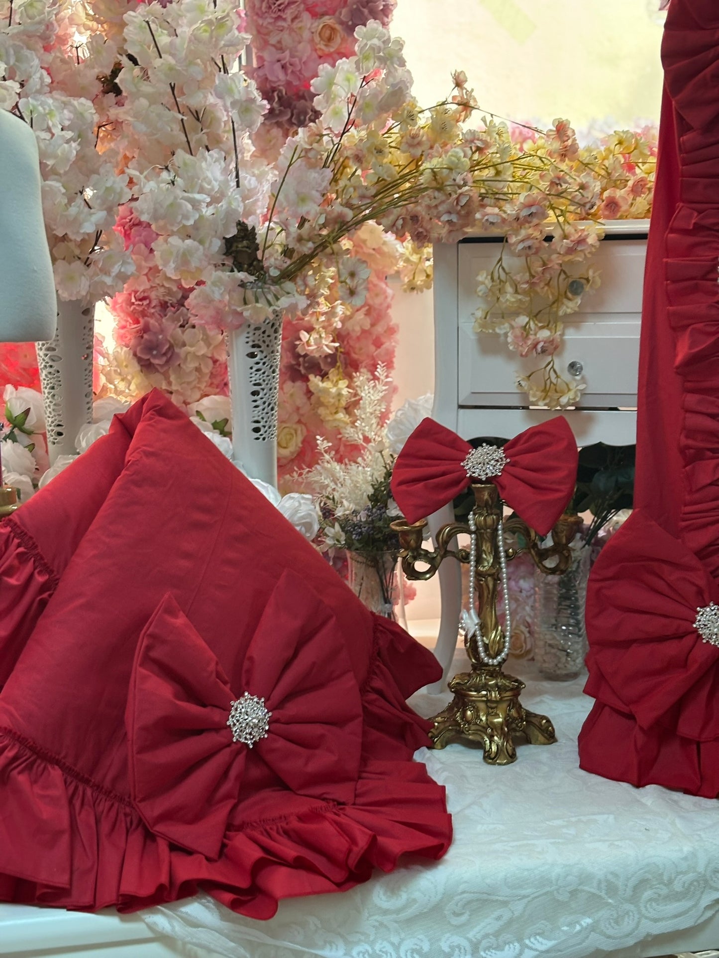 red gown  hair bow and blankent set