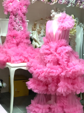Mom Robe And Baby Gown hot pink full tulle and Hair Band