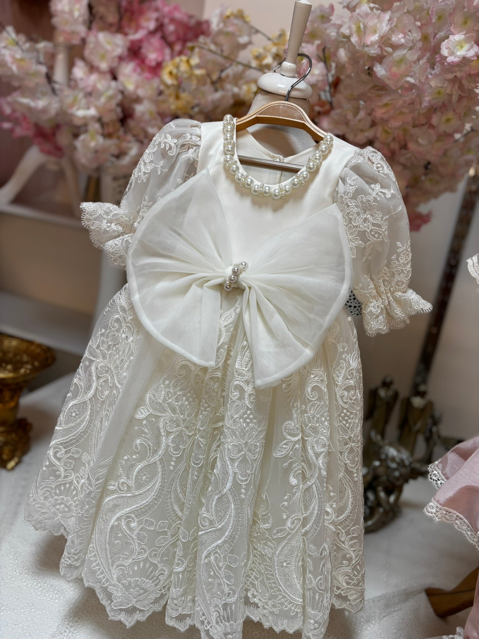 cream pearl lace baby gown dress 9m