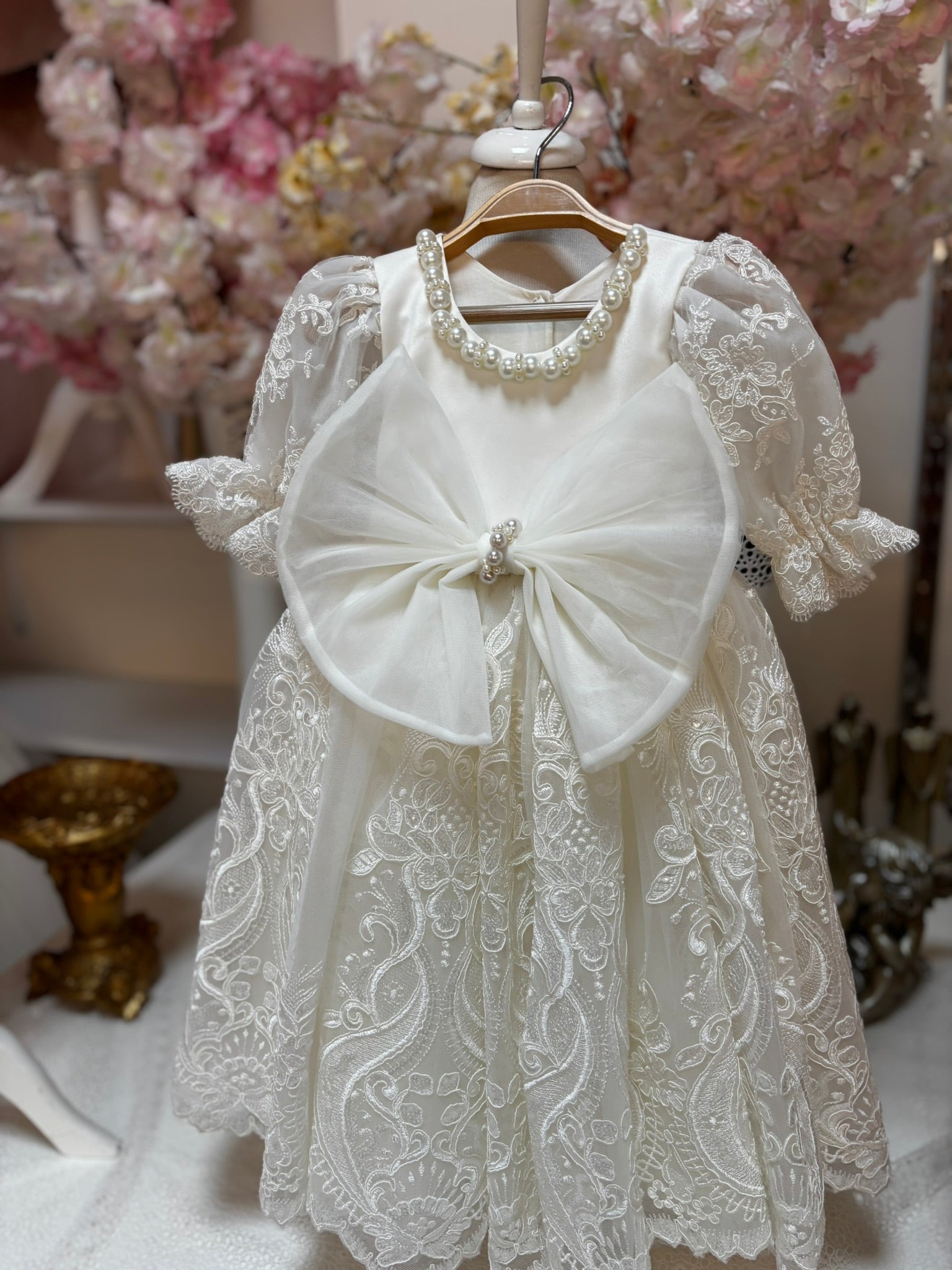 cream pearl lace baby gown dress 9m