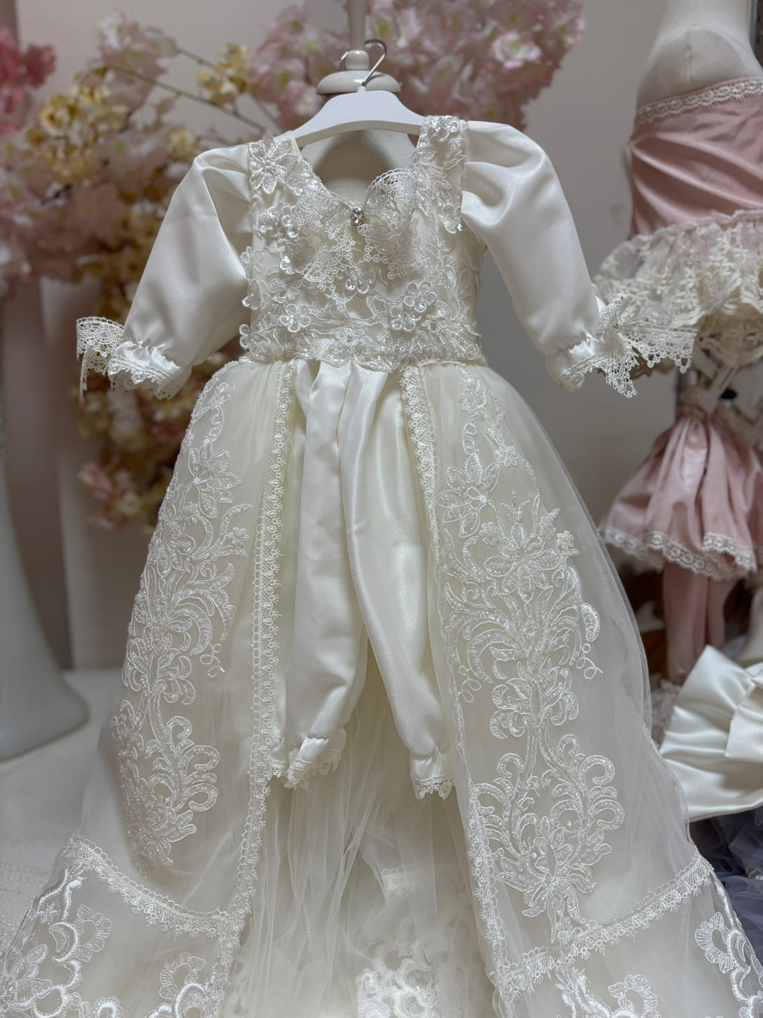 cream lace france fabric gown jumpsuit