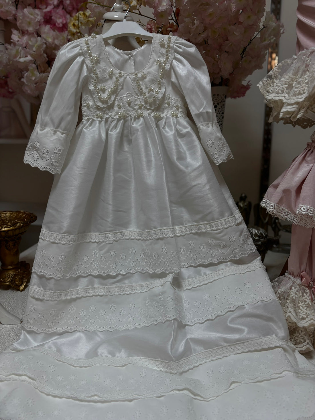 pearl white silk fabric baby gown
