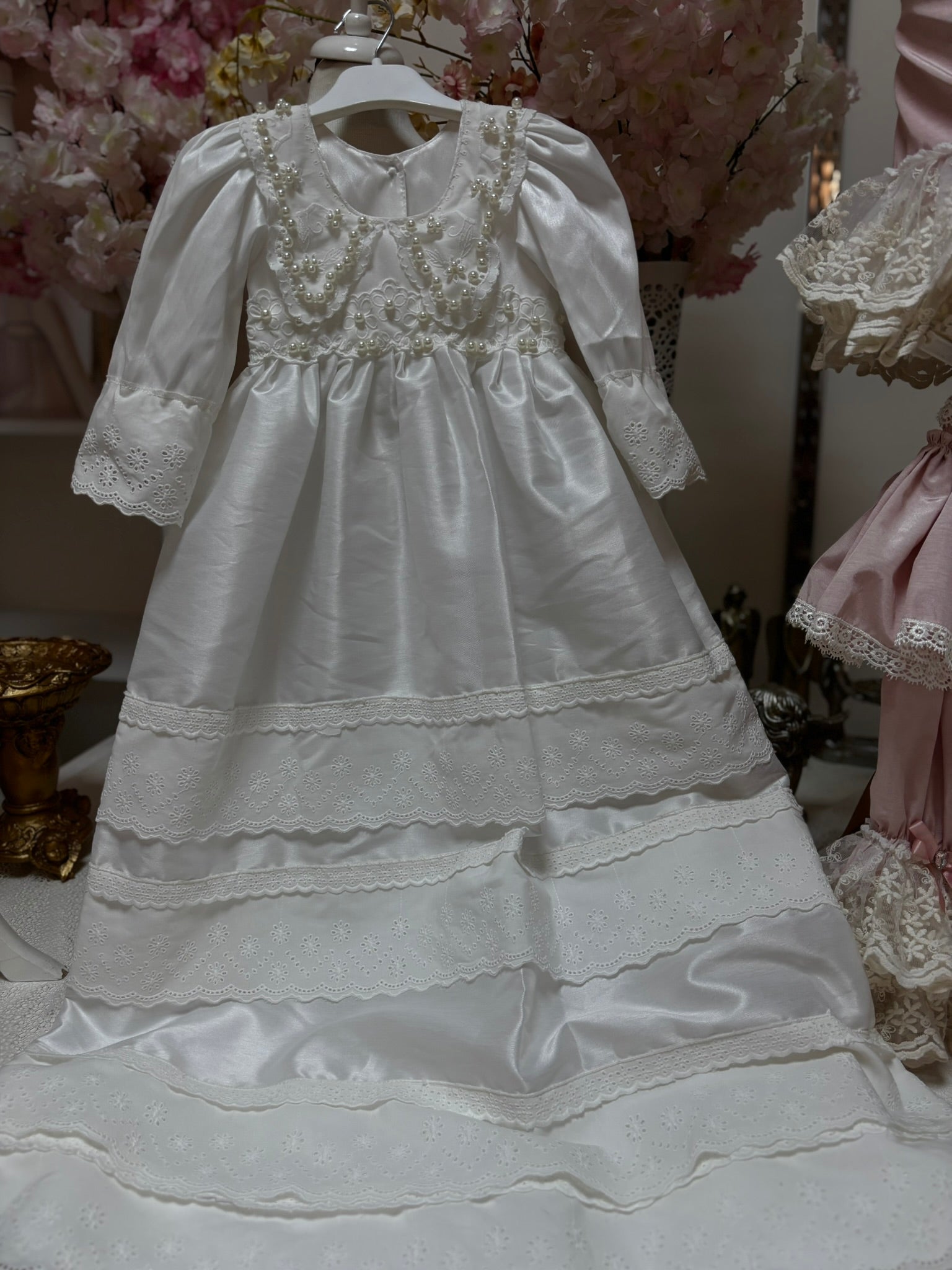 pearl white silk fabric baby gown