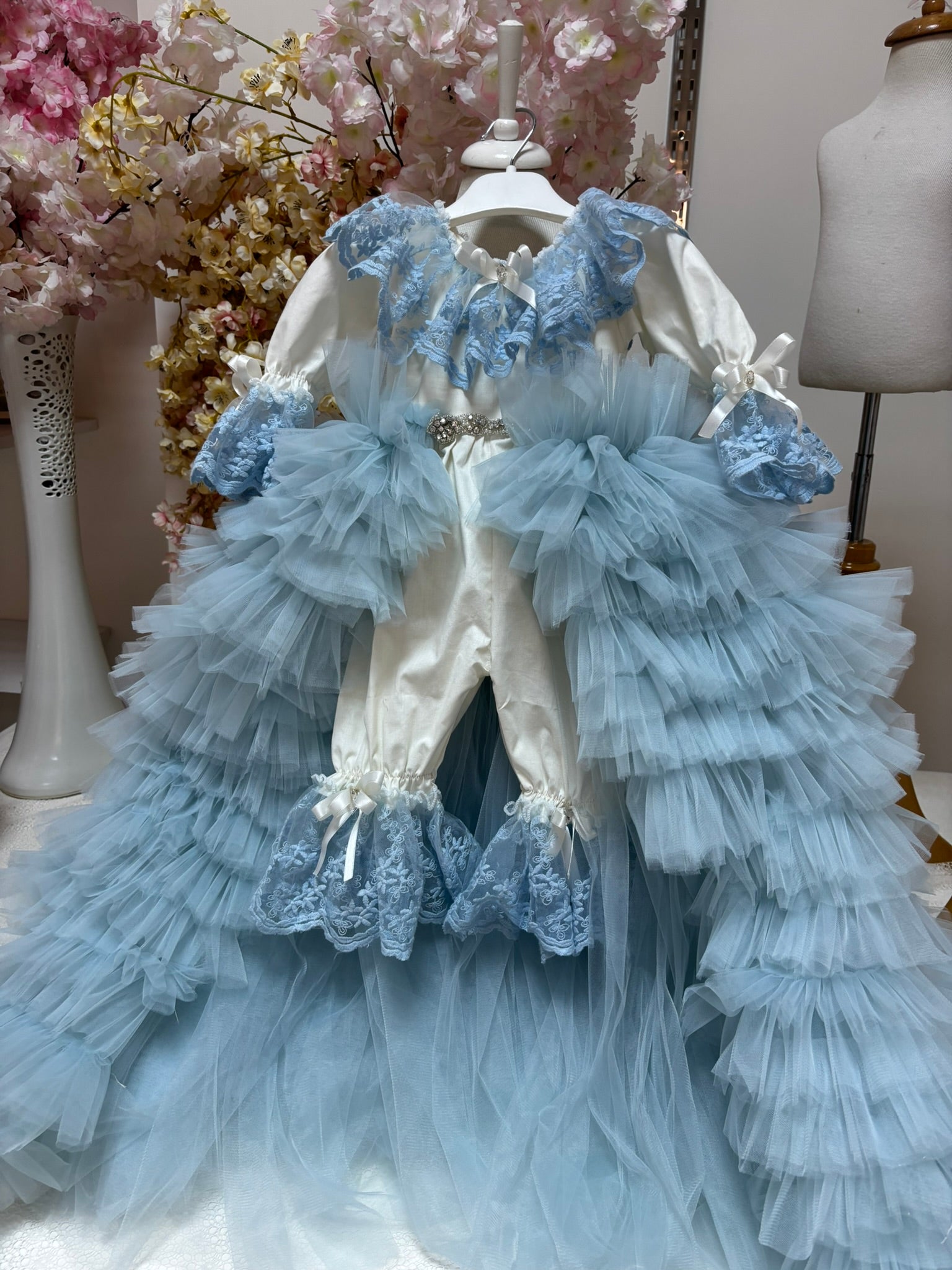 cream blue baby jumpsuit gown