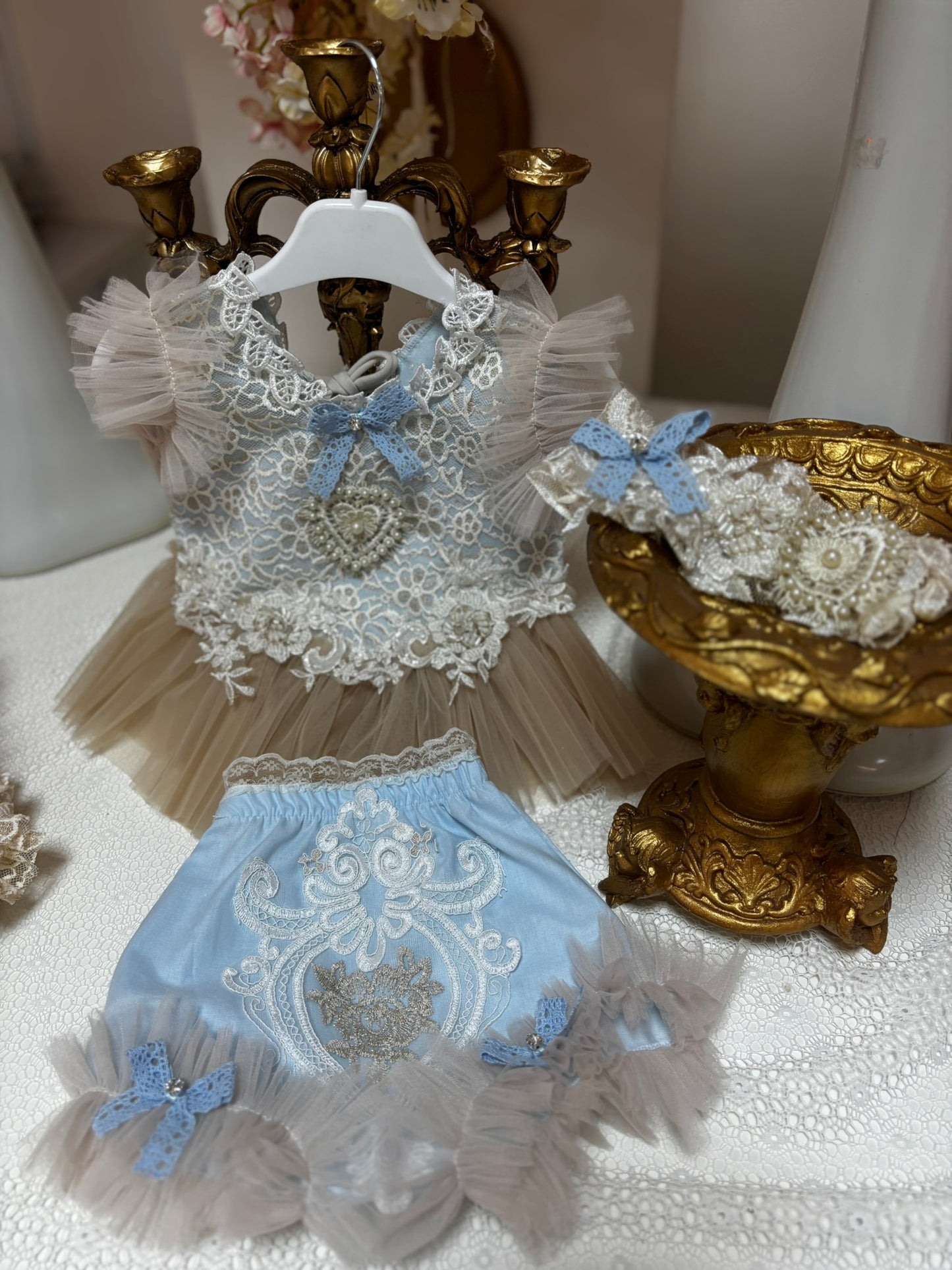 blue lace fabric two pieces set 3m 6m