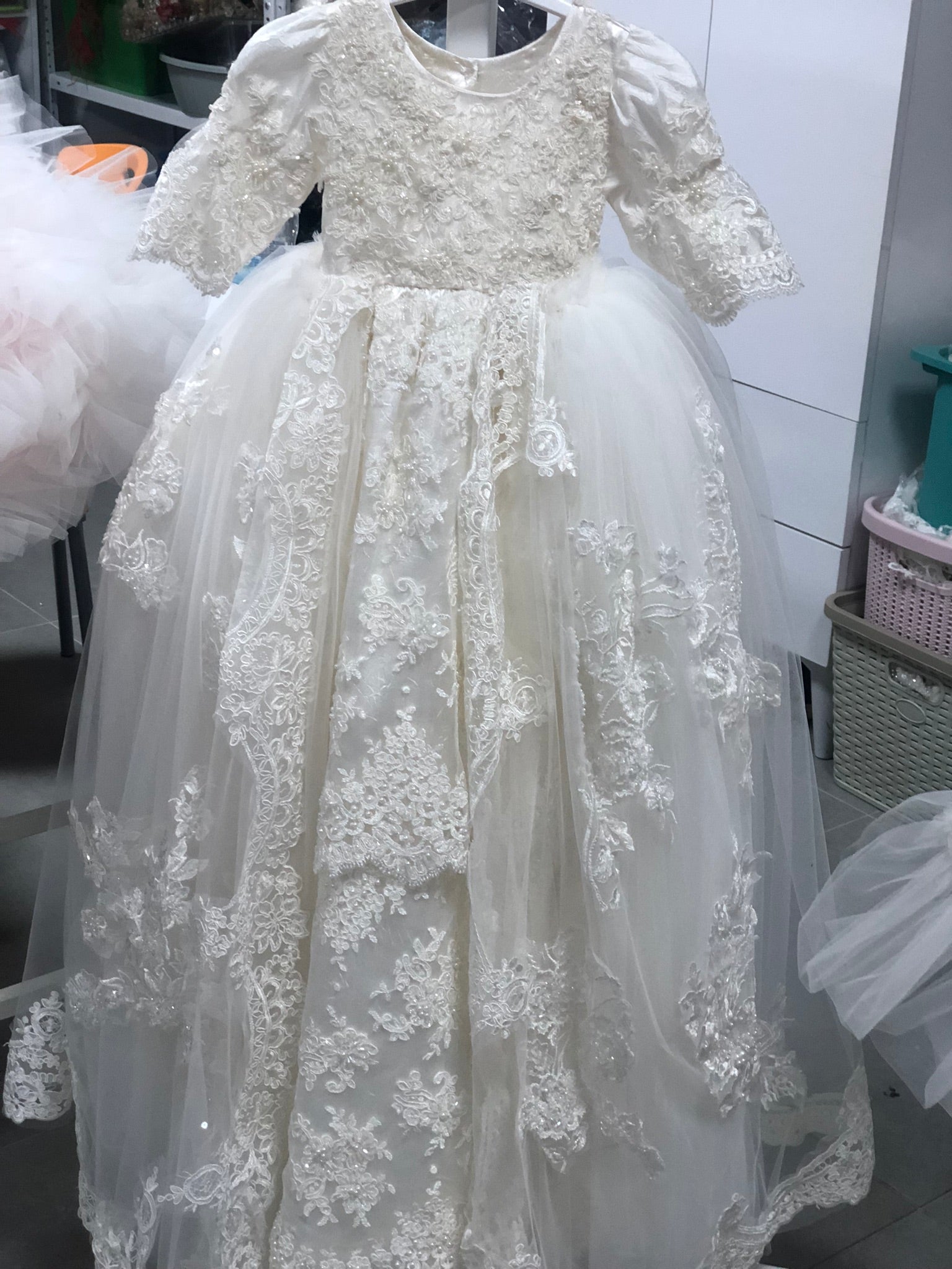 France Lace Fabric Baptism Gown Blankent And Bonnet Set