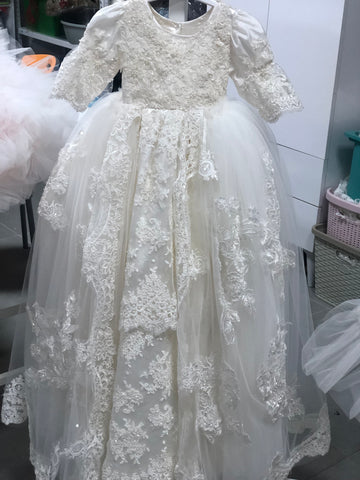 France Lace Fabric Baptism Gown Blankent And Bonnet Set