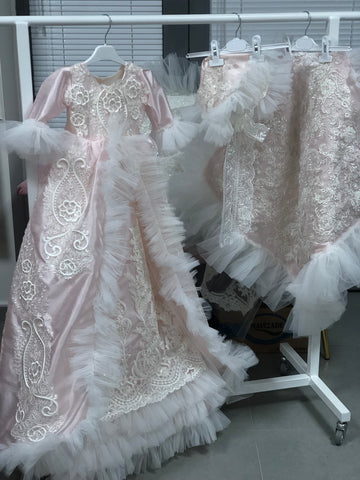 Light Pink Silk Fabric  Long Gown France Lace Blankent And Bonnet Baptism Set
