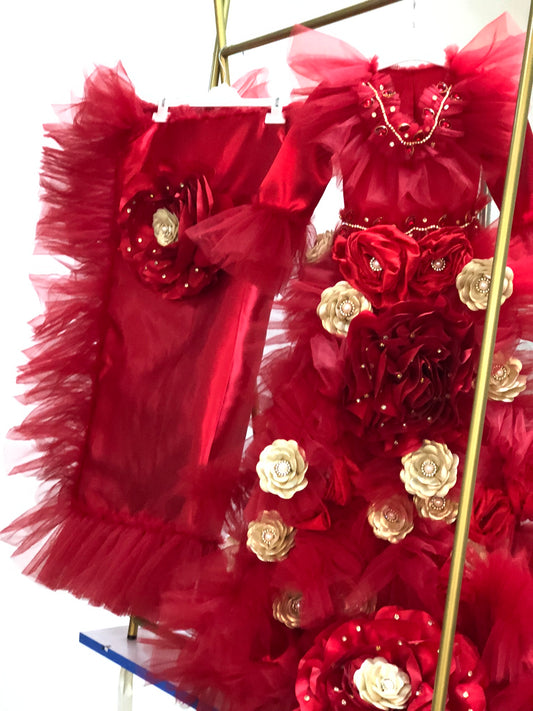 red  flowers gown hair bow and blankent set
