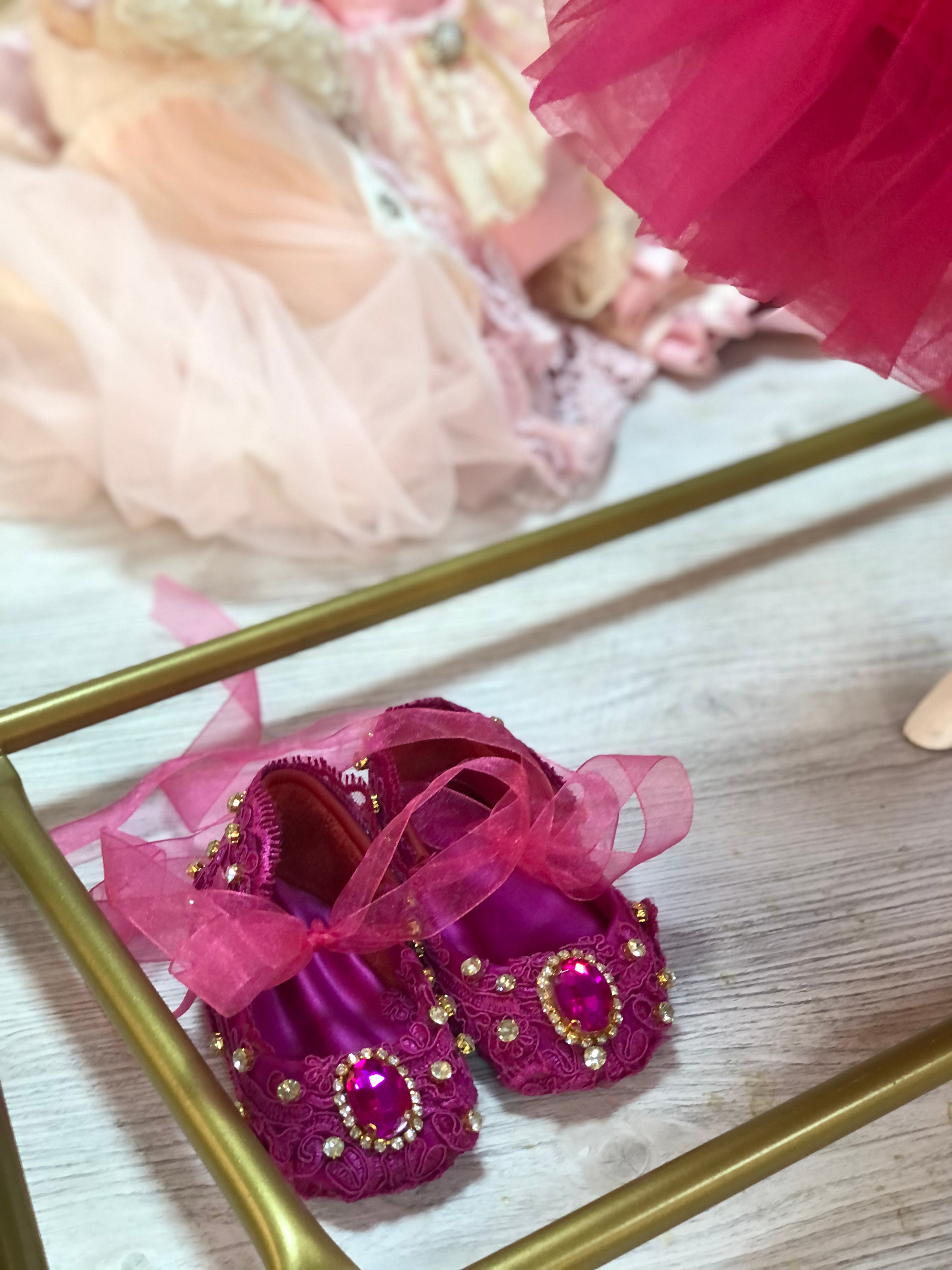 Hot pink baby rhinestone dress bow and shoes