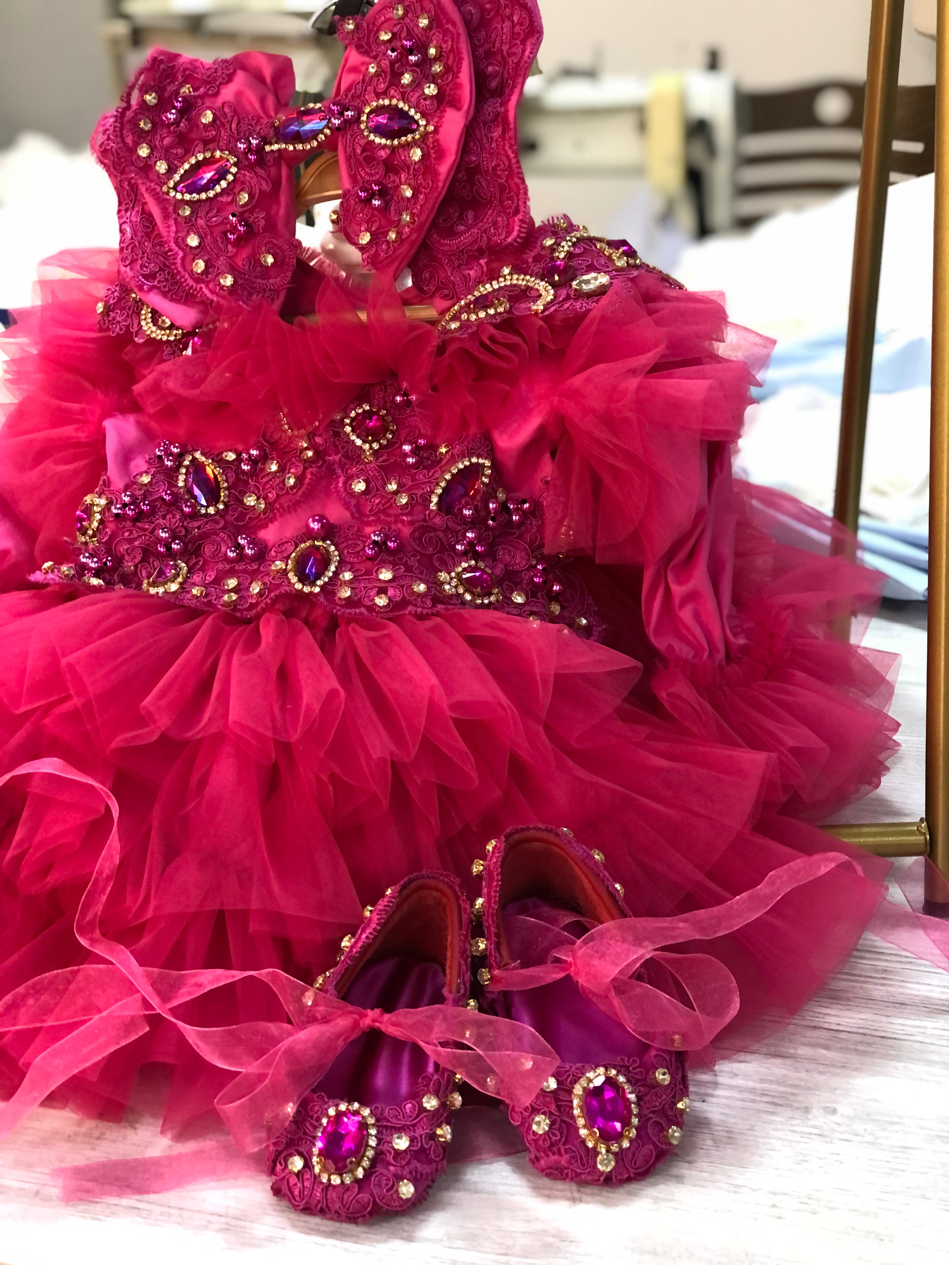 Hot pink baby rhinestone dress bow and shoes