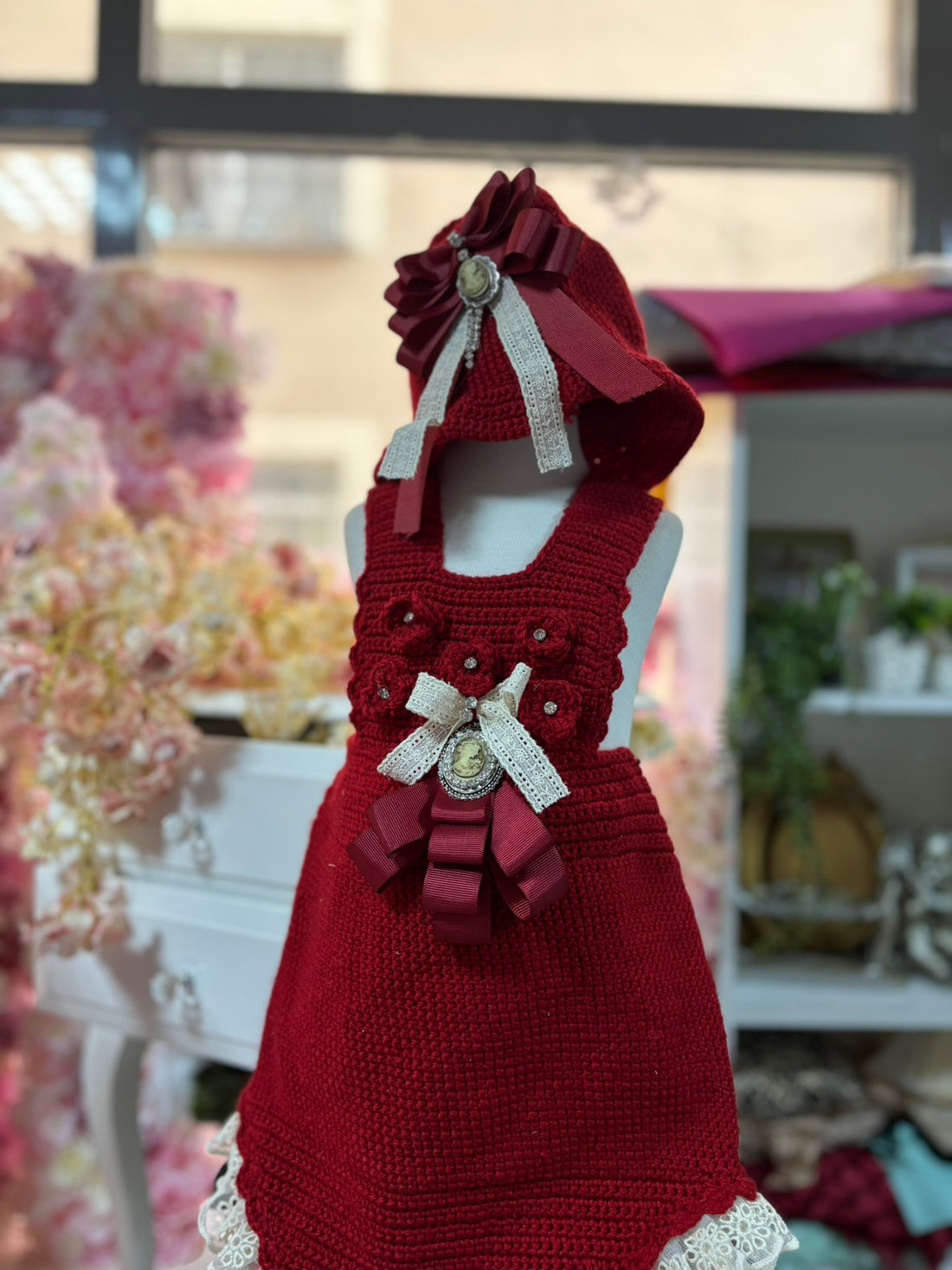 Red Knıtwear Romper Bonnet And Shoes