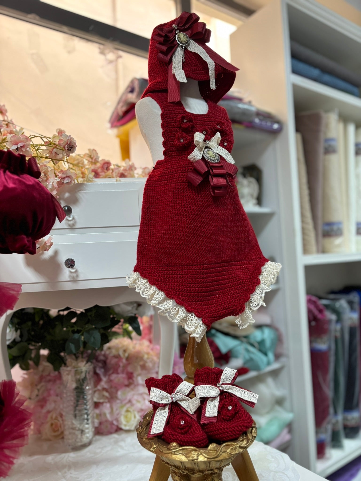 Red Knıtwear Romper Bonnet And Shoes