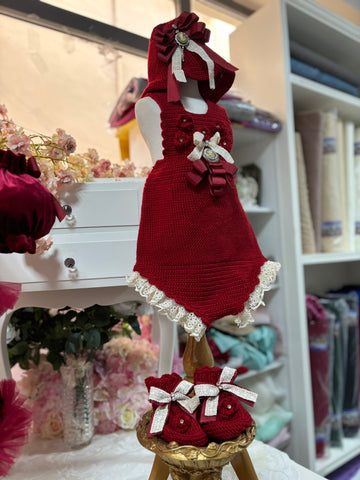 Red Knıtwear Romper Bonnet And Shoes