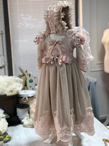Baby and girl toddler vintage long dress and bonnet