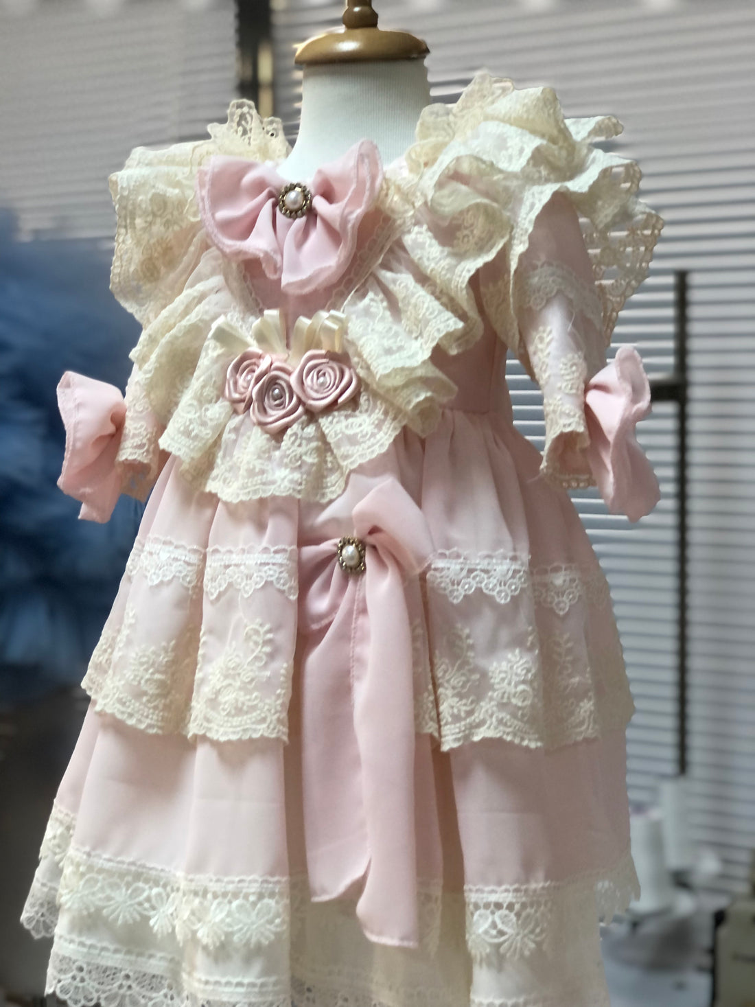 Cream And Light Pink Vintage Baby and girl dress and bonnet