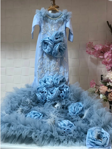 Baby Blue Flowers Long Gown And Bonnet
