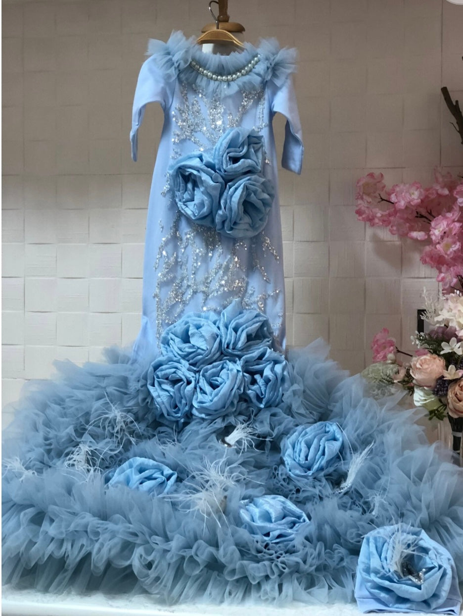 Baby Blue Flowers Long Gown And Bonnet