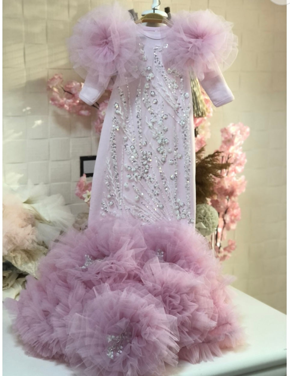 Light Pink Baby Big Flowers Long Gown And Bonnet