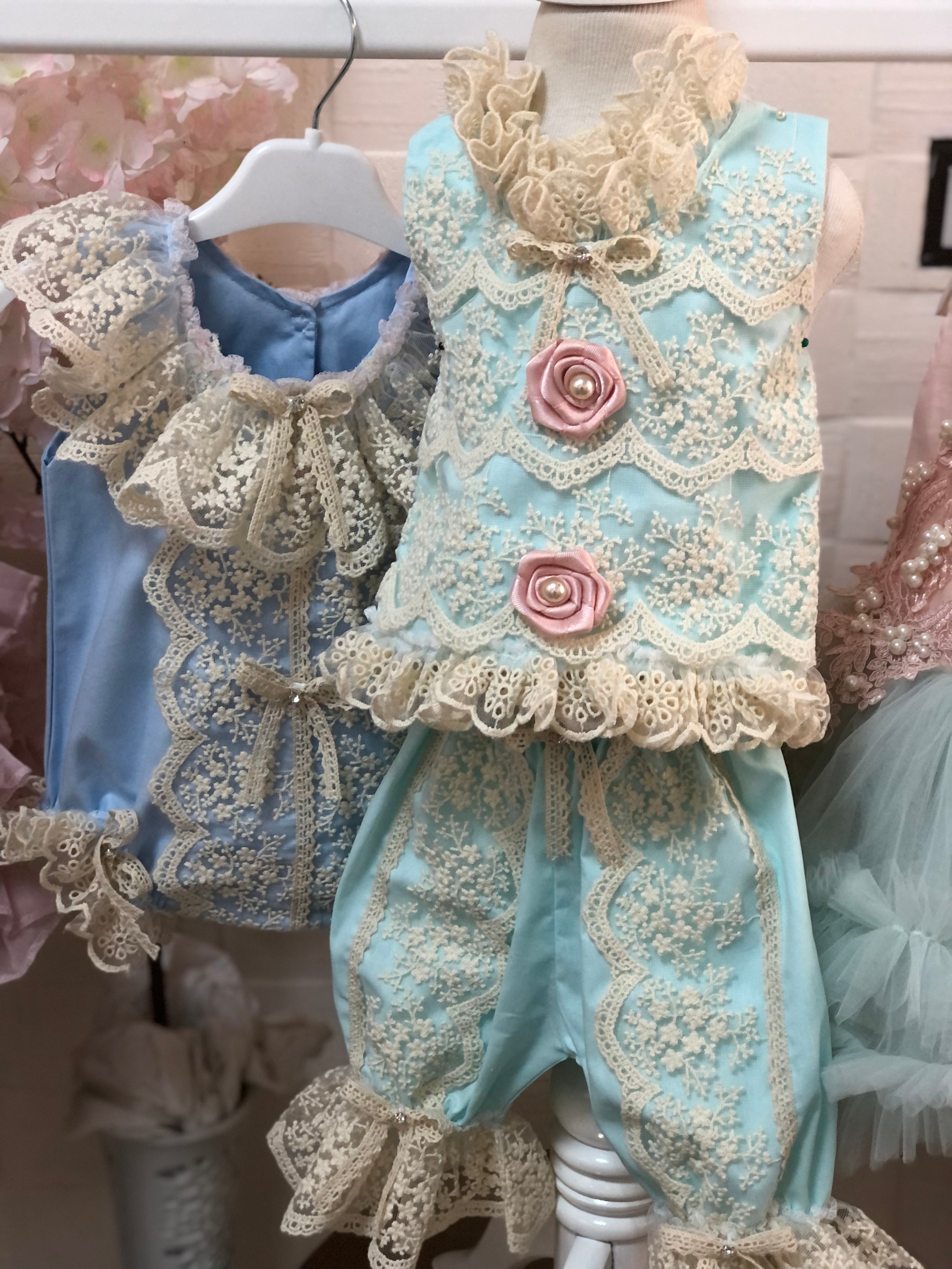 Mint blue coton fabric baby and girl two pieces outfit