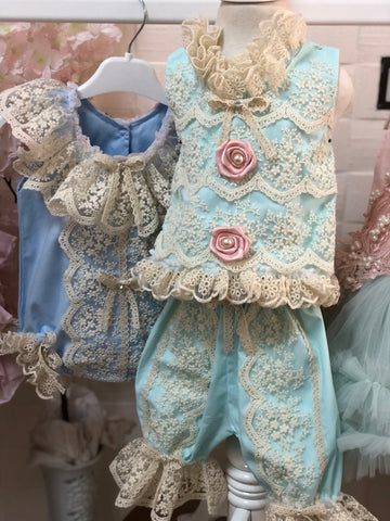 Mint blue coton fabric baby and girl two pieces outfit