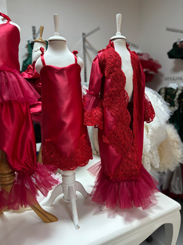 Red Satin Robe And Long Gown France Lace