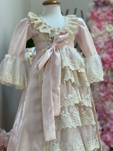 Vintage Lace Silk Fabric Long Gown And bonnet