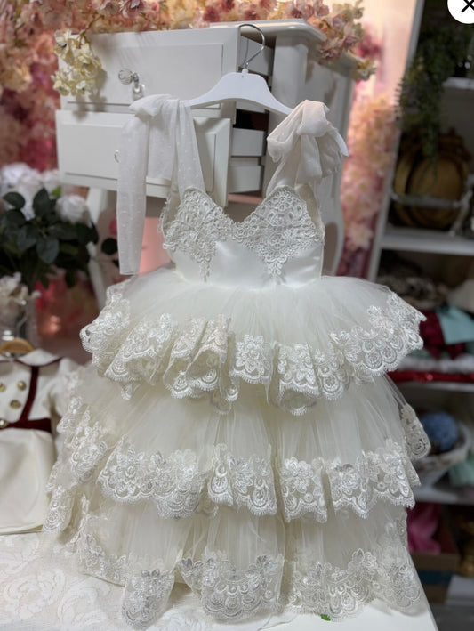 cream  france lace puffy long  girl dress wholesale 6 pcs