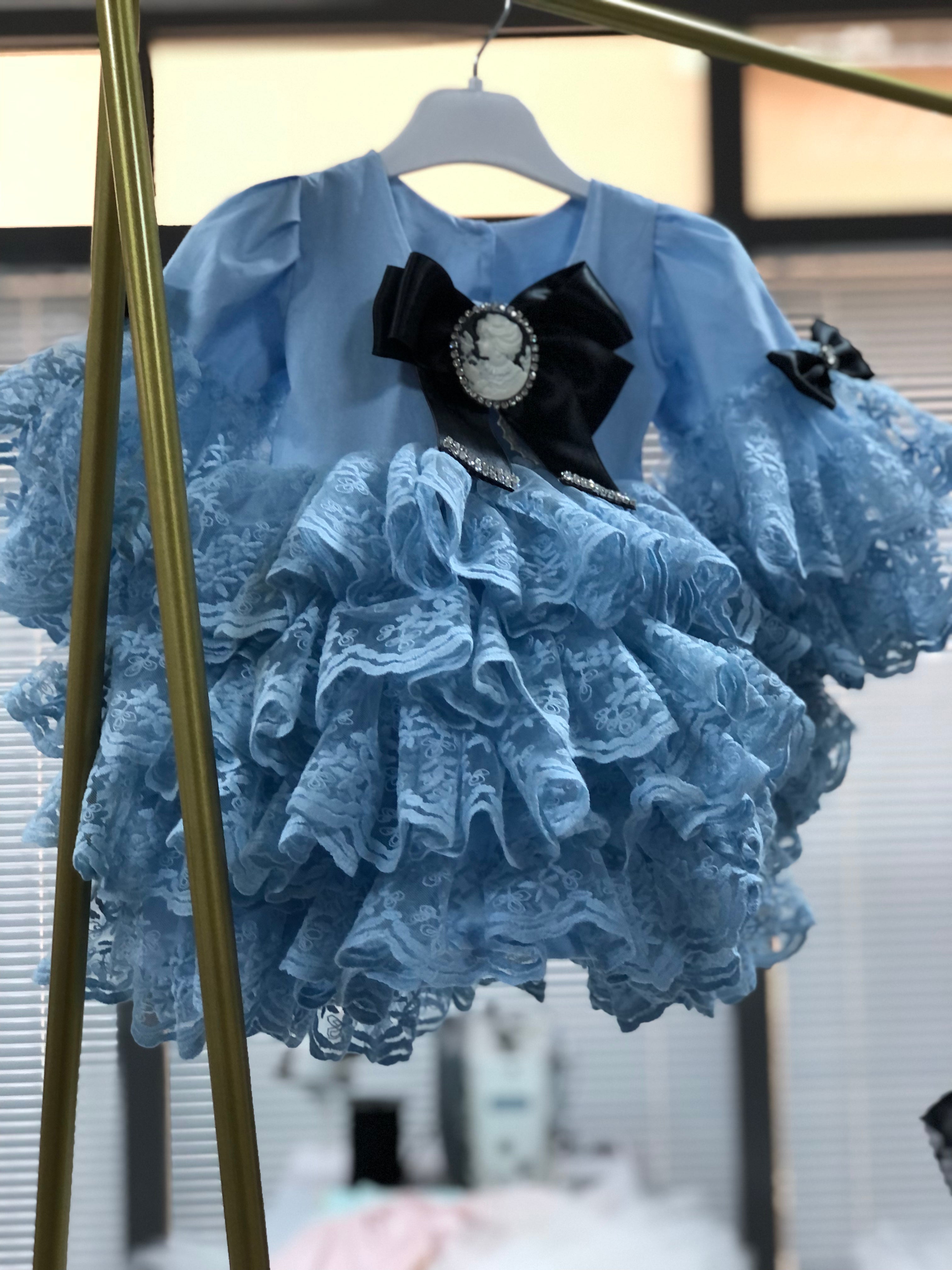 Baby Blue  Coton Fabric baby and girl dress And bonnet