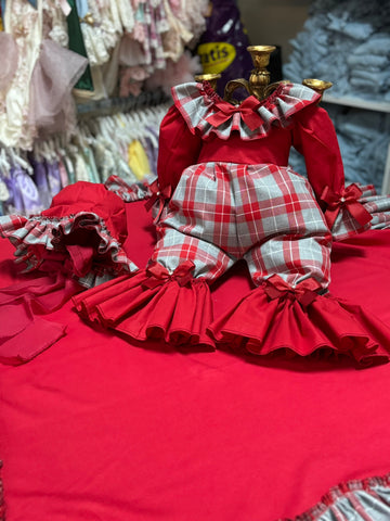 Plain Red Fabric Jumpsuit Bonnet And Blankent Set