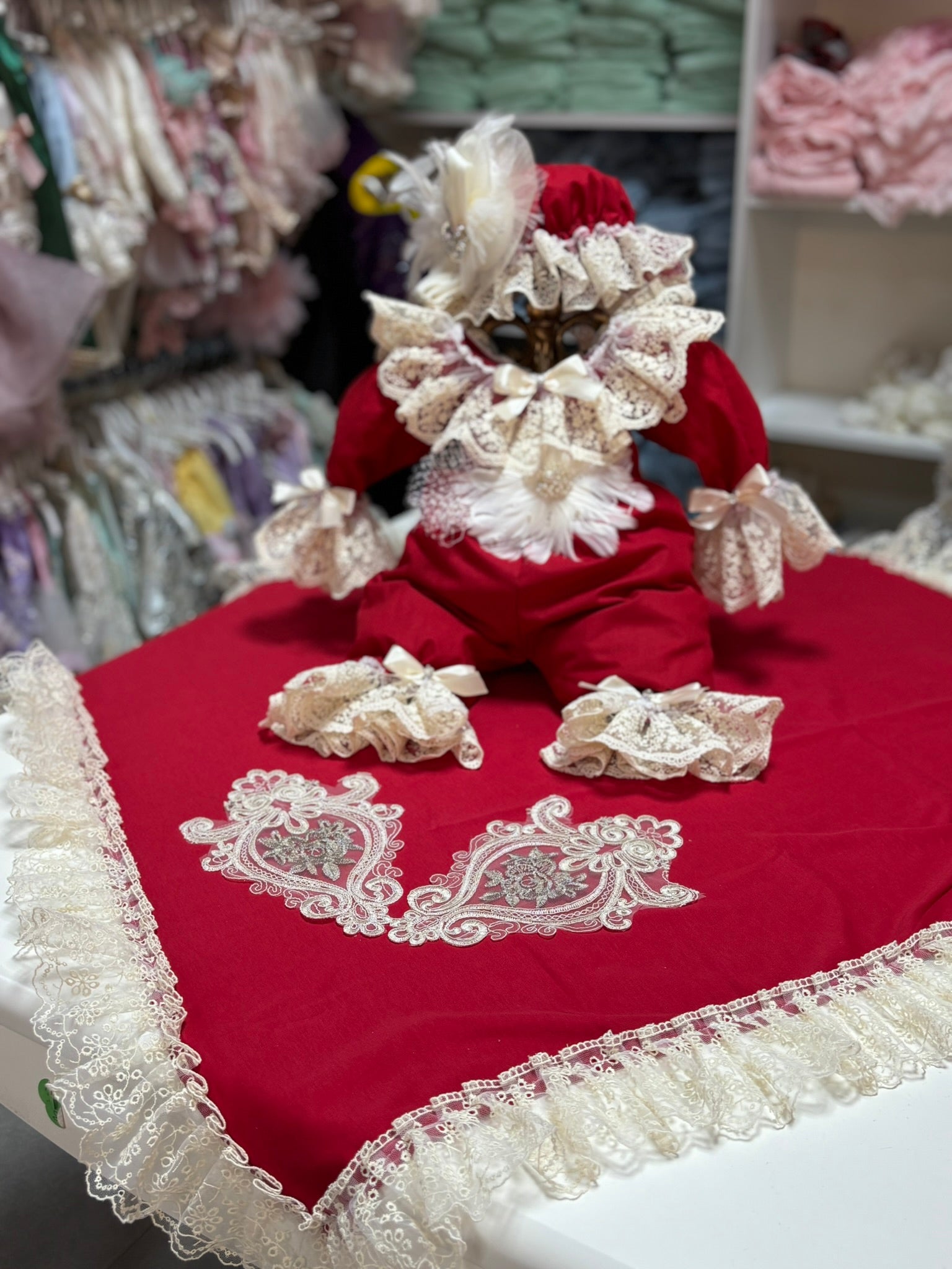 Red Coton Baby Jumpsuit Bonnet And Blankent Set