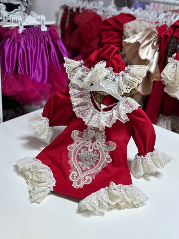 Red Holiday Romper And Bonnet Nora
