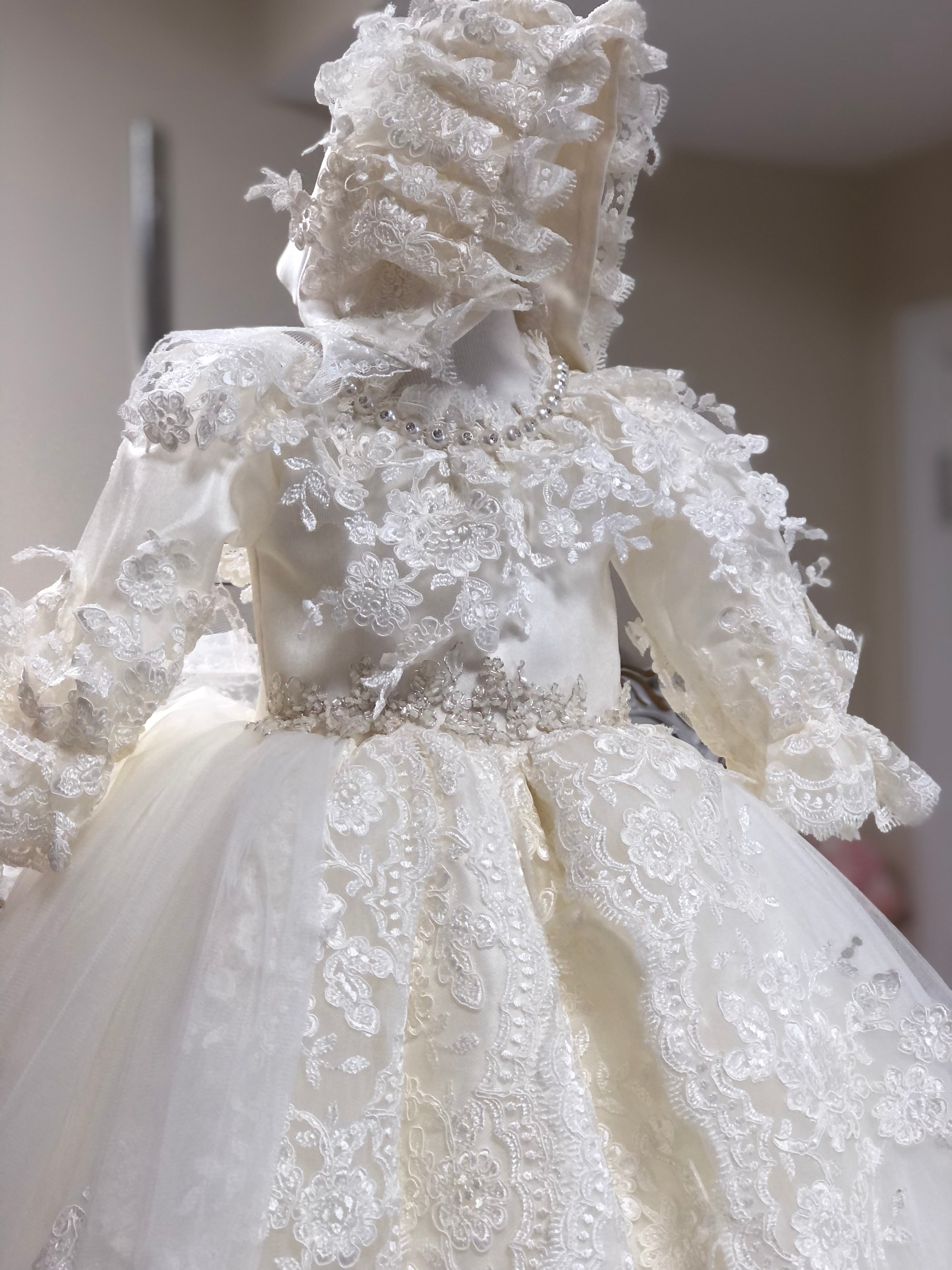 Amazing France Lace Satin Fabric Baptism Gown And Bonnet