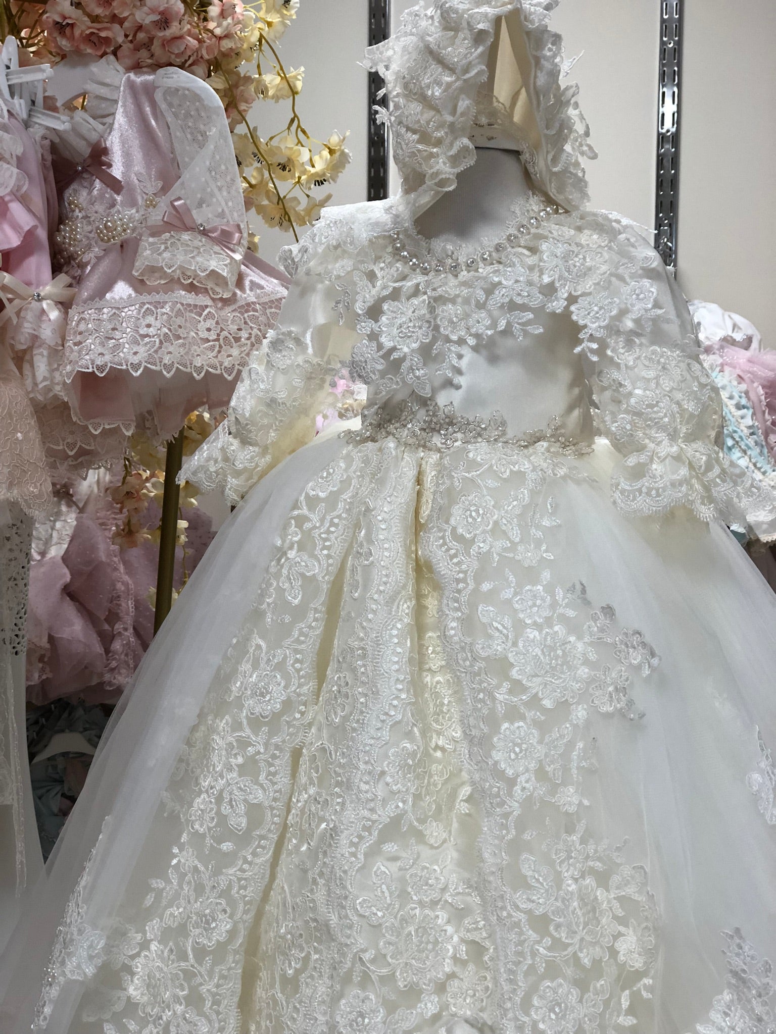 Amazing France Lace Satin Fabric Baptism Gown And Bonnet