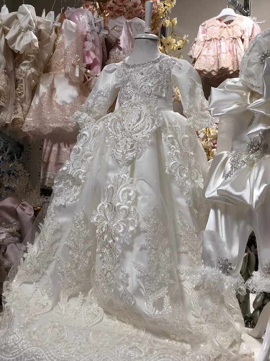 cream baby baptism gown and bonnet wholesale 4 pcs